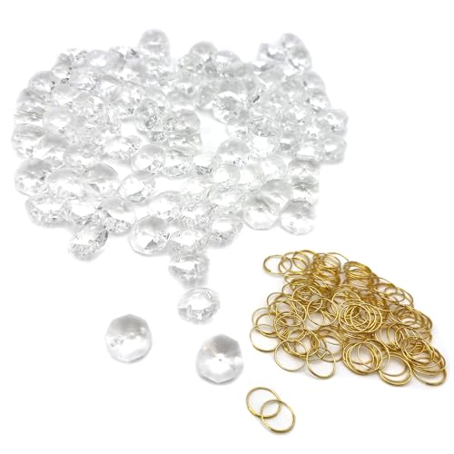 (エスネット) 二つ穴 クリスタル ビーズ シャンデリア 八角 14mm 手芸 ビジュー パーツ リング 付 のれん サンキャッチャー セット SN-256-CT カーテン テーブル(クリア 100個)