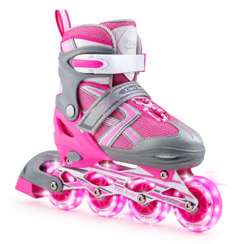 XINO SPORTS Adjustable Inline Skates for Boys and Girls - Pro Quality - Beginner Friendly with Illuminating LED Light-Up Wheels, for Indoor and Outdoor Skating (Rose, Medium 1-4)