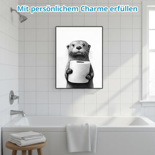 RzuoQnt 2-teiliges Wandbild-Set fürs Badezimmer: Niedliches Otter-Wandbild, Vintage-Otter-Motiv in Schwarz-Weiß, rahmenlos, geeignet für WC und Badezimmer, 20 x 30 cm