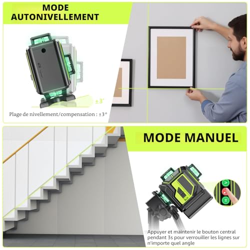 Niveau Laser Chantier Autonivelant 360° x 4 Avec trépied, Lazer Niveaux 4D 16 Lignes Laser, Mode Impulsion ExtéRieur, 2 x Batterie, Nivellement Automatique, Support Rotatif, Télécommande – vue 2