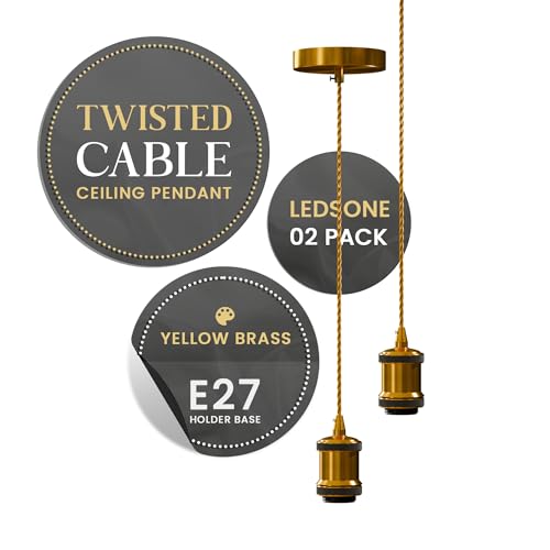LEDSone Ceiling Rose Pendant Bulb Holder 2 Pack Yellow Brass 1m Braided Adjustable Cable with E27 Light Fitting lamp Holder for Kitchen Living Bedroom Dining Room Hallway Lighting