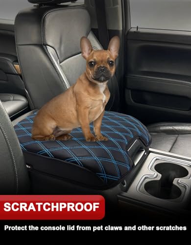KBH Center Console Armrest Cover for 2014-2018 Chevy Silverado & GMC Sierra, 2015-2020 Tahoe Suburban Yukon, Bucket Seat, Vinyl Leather, Anti-Scratch, Black-Blue Stitch