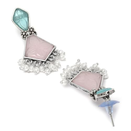 Image of Karatcart Silver Tone Diamond Shape Pink and Blue Carved Stone Studded Drop Earrings for Women