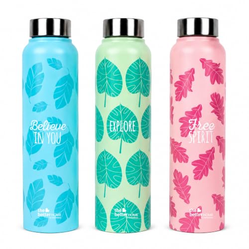 Image of The Better Home Stainless Steel Water Bottle 1 Litre Pack of 3 | Leak Proof, BPA Free, Rust Proof Steel Bottles | Printed Sipper Bottle for Office, Gym, School, Travel, Kids & Adults | Blue Green Pink
