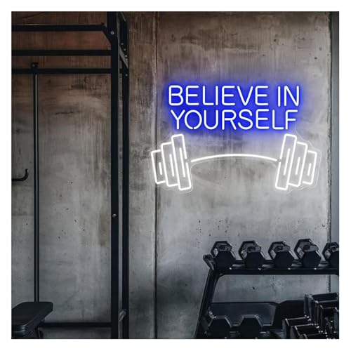 Enseigne Lumineuse Néon Believe In Yourself avec Haltères pour Décoration Sport
