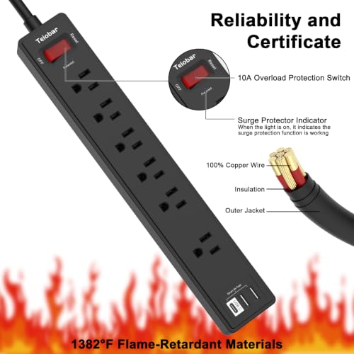 Image of 10Ft Extension Cord Power Strip Surge Protector - Teiobar 6 AC Outlets and 3 USB Ports for Home, Office, Dorm Essentials, 1680 Joules, ETL Listed, Black