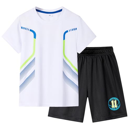 Generisch Traje de running de manga corta para niños, ropa casual de secado rápido para niños y niñas, camiseta de verano, pantalones cortos de dos piezas, Blanco, 9-10 años