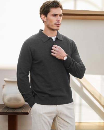 Image of Kallspin Mens 100% Cotton Polo Sweater Long Sleeve Button Down Knit Pullover Relaxed Fit Collared Casual Tops