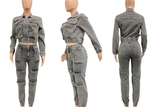 Voghtic Women's Two Piece Denim Outfits Long Sleeve Zipper Jean Jacket Cargo Pant Matching Sets4