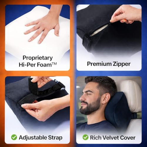 Image of Car Neck Pillow, Black | 100% Pure Memory Foam, Ergonomic Suede Headrest, Adjustable Strap, Cervical Support & Pain Relief, Universal Fit