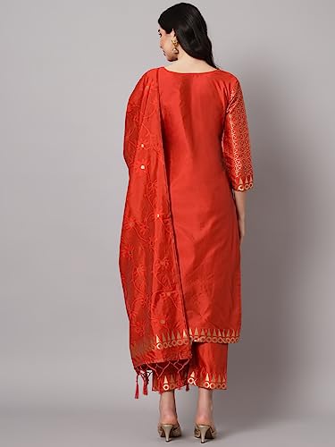 Image of VredeVogel Women's Cotton Silk Jacquard Kurta Pant Set with Banarasi Silk Dupatta
