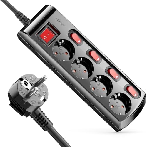 deleyCON Regleta de 4 Tomas Conmutable Individualmente Cable de 3,0m (4X Interruptor de Encendido/Apagado y 1x Interruptor Principal) Alimentación Regleta de Enchufes Base de Enchufe Múltiple - Negro
