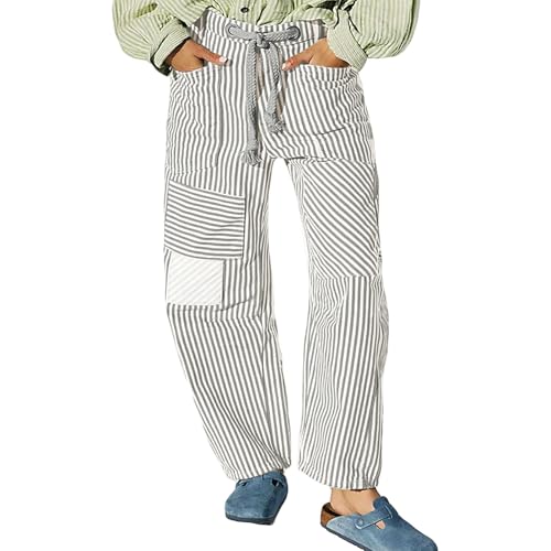 Women Striped Barrel Pants Drawstring Elastic Waist Patched Wide Leg Cord Pants Baggy Trousers with Pockets