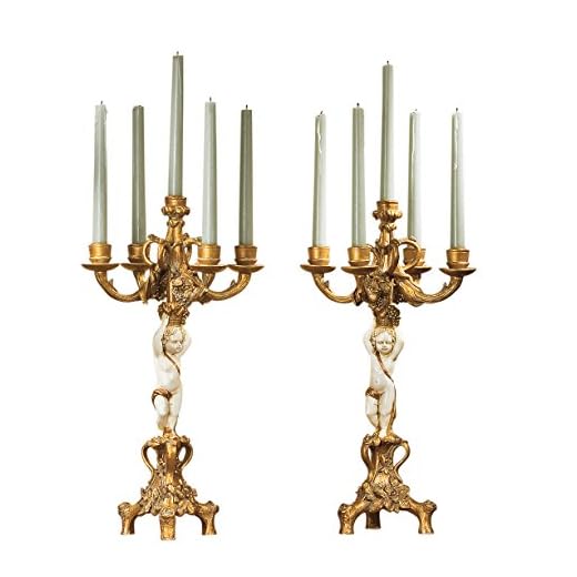 Design Toscano De Cherub's oogst kandelaar kandelaars, 47 cm, set van twee, polyresin, goud en ivoor
