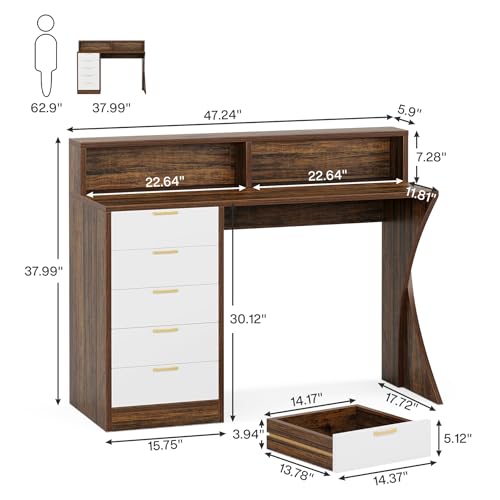 Image of Tribesigns Computer Desk with 5 Drawers, 47-Inch Home Office Desk with Monitor Stand and Printer Space, Modern Ergonomic PC Study Writing Table for Bedroom, Small Spaces, Rustic Brown & White