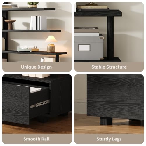 5 Tier Asymmetrical Bookshelf with Storage Drawer, Freestanding Staggered Open Bookcase, Wood Display Standing Shelf Unit, Modern Tall Ladder Book Shelf Organizer for Living Room, Home Office, Black - Image 9