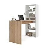 duehome | Escritorio Juvenil con Estanteria Reversible, Mesa de Ordenador, Modelo Cosmic, Acabado en Blanco Artik y Roble Canadian, Medidas: 120 cm (Largo) x 53 cm (Ancho) x 144 cm (Alto)