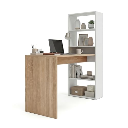 duehome | Escritorio Juvenil con Estanteria Reversible, Mesa de Ordenador, Modelo Cosmic, Acabado en Blanco Artik y Roble Canadian, Medidas: 120 cm (Largo) x 53 cm (Ancho) x 144 cm (Alto)