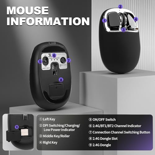 Image of YUNZll C1 Silicone Wireless Mouse | 6-Level DPI,Up to 4800,Optical Tracking,500mAh 2.4G /USB-C /BT,Custom Mice for Laptop, Computer, iPad, MacBook (Black Silver)