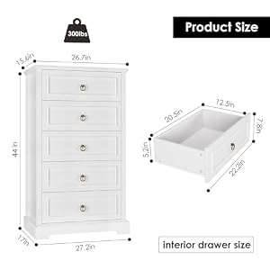 HOSTACK 5 Drawers Dresser 44 Tall Dresser with 5 Drawers White Chest of Drawers with Storage Modern Farmhouse Wood Dressers for Closet Living Room Hallway