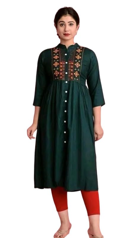 Raj Fashion Women's 3/4th Sleeves Rayon Solid Button Detailing Round Neck Printed Maxi Length Gown Dark Green-picture-16