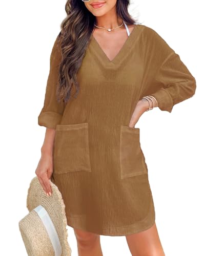 NLAND Vestido de Playa Mujer Suelto Camisa de Playa Cuello en V Camisola de Playa Bolsillo Ropa de Baño Playa Verano Bikini Cover Up Talla Grande (Caqui)