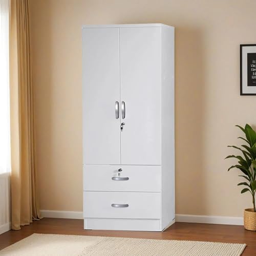 Image of CASPIAN Engineered Wood 2 Door Wardrobe (White) | Pre Assembled Home Furniture with Hanging Space | Cupboard /Almirah for Bedroom Clothes Storage Organizer with Removable Shelves & Drawers