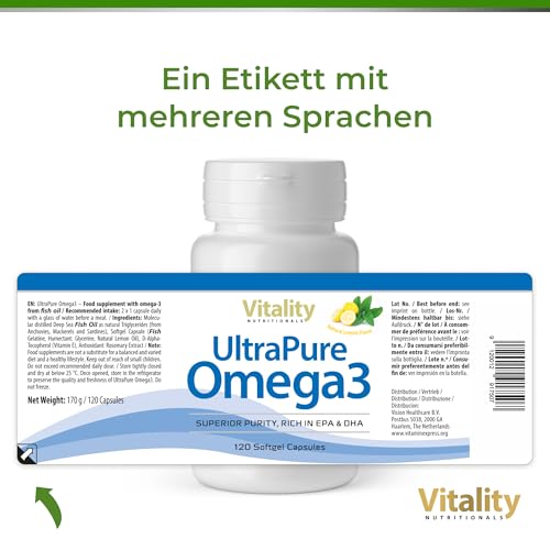 Fischöl Omega 3 Kapseln Hochdosiert mit 2000 mg Fischöl davon 800 mg EPA und 600 mg DHA pro Tag + Vitamin E (120 Stk) Ultra Pure Omega 3 Vitality Nutritionals by Vitaminexpress
