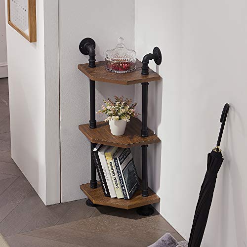 Ivinta Industrial Wall Mount Pipe Shelves, 3-Tier Corner Shelf With Solid Wood, Corner Bookshelf Display Stand,Metal Standing Bookcase (3-Tier) #TOP1