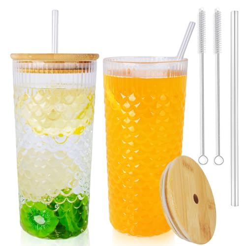 BELICOO Paquete de 2 vasos de vidrio de 23 onzas con tapas y popotes, vasos de café helado de 650 ml, vasos de vidrio con popote y tapa para agua, cerveza, cóctel, té, coca, jugo, refrescos