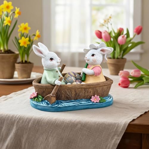 Estatua de conejos en bote decorativa de resina miniatura 3