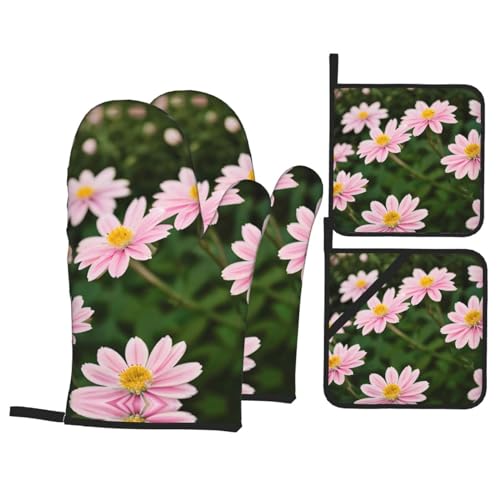Pink White Gold Flowers Kitchen Baking Set of Four, Oven Gloves, Pot Clamp for Barbecue Cooking Baking