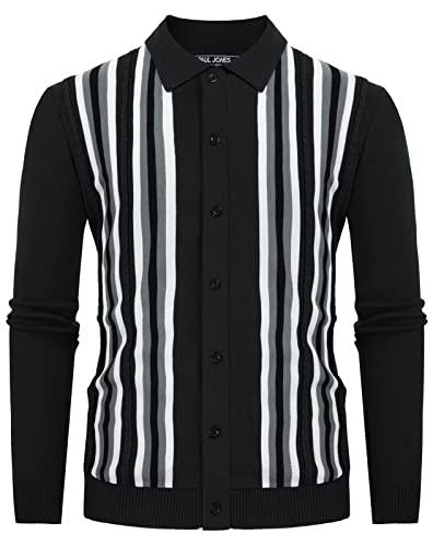 PJ PAUL JONES Mens Vintage Striped Knit Polo Shirt Long Sleeve Button Down Cardigan Sweater