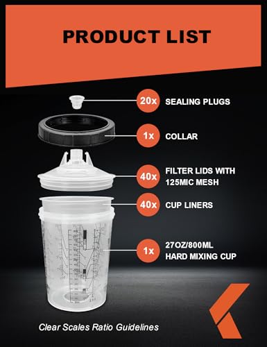 Image of KREFINISH Disposable Paint Sprayer Mixing Cup Liners and Lid System for HVLP Spray Gun,Car Paint Gun 27 Ounce(800ml) Kit with 40 Cups Liners,40 Lids with Strainer,1 Hard Cup with Retainer Ring,20 Plugs