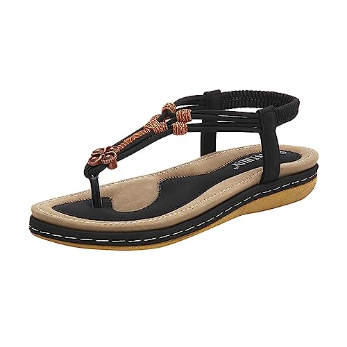 SHOBDW Chanclas Mujer Para Playa Y Piscina Sandalias Planas Mujer Zapatos De Vestir Con Cuentas Bohemias Verano Cómodos Punta Abierta Correa Elástica En El Tobillo Romanas 37 Womens Negro 37
