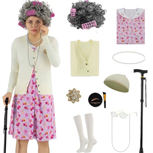TPHAYSH Old Lady Costume for Women, Grandma Costume Nightgown Cane