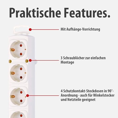 Brennenstuhl Comfort-Line Plus, Steckdosenleiste 4-Fach (Steckerleiste mit Flachstecker und Schalter, Mehrfachsteckdose mit 2m Kabel und extra Breiten Abständen der Steckdosen) weiß