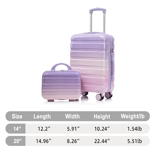 Image of 14 inch /20 inch 2-Piece Set PC Spinner Wheel Luggage with Gradient Color and Combination Lock(Pink Purple)