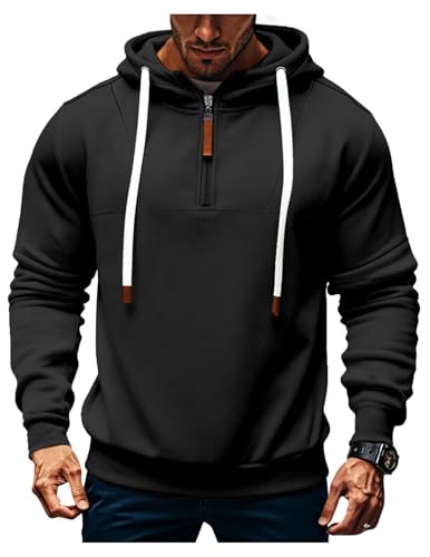 EndoraDore Mens Hoodies Quarter Zip Up Casual Long Sleeve Winter Fleece Sweatshirts For Men Black M