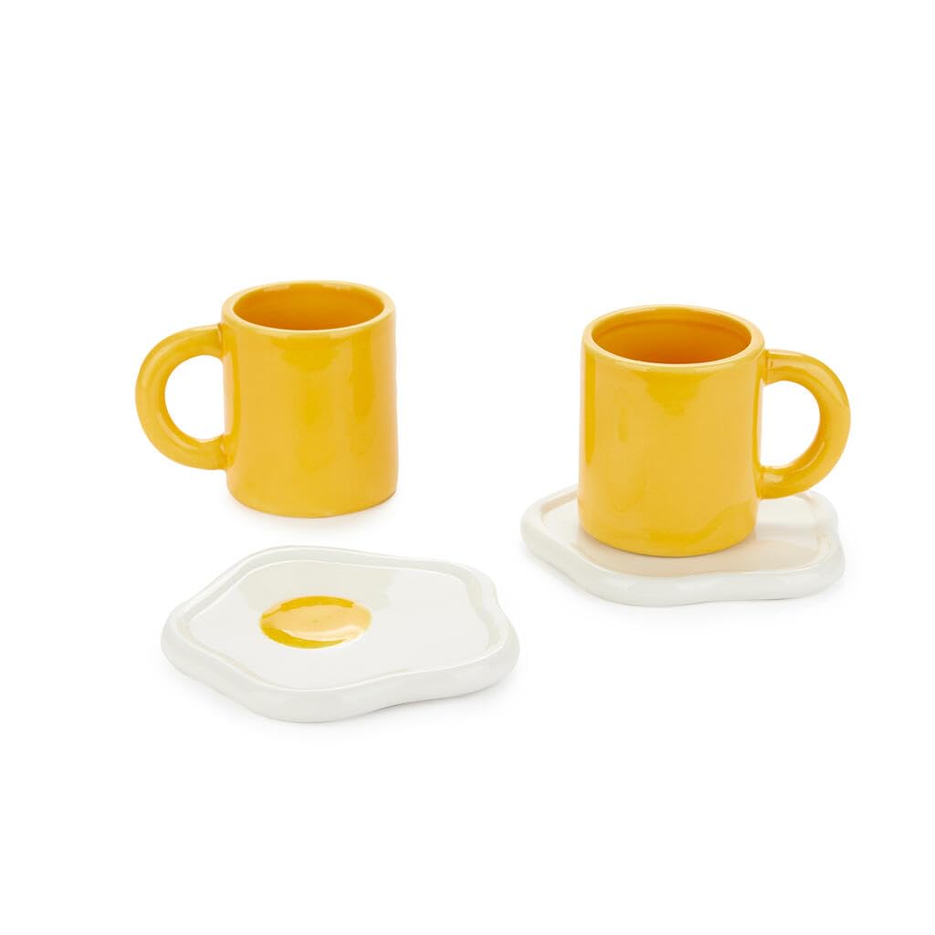 Balvi Set tazzine da cafè Sunny Side Up Due tazze con piattini a forma di uovo fritto Ceramica