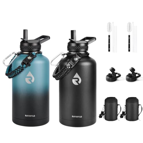 Image of RAYMYLO Insulated Water Bottle 64 oz, Triple Wall Vacuum Stainless Steel | (Cold for 48 Hrs), Leak Proof & Non-BPA, 2 Pack Half Gallon Water Flask Jug with Paracord Handle & Straw Spout Lids