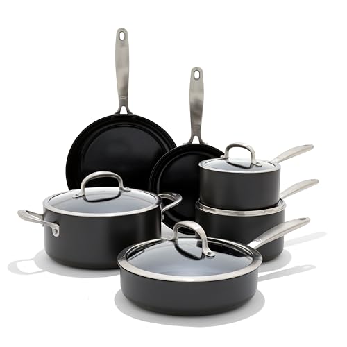 OXO Enhanced 10 Piece Cookware Pots & Pans Set, PFAS-Free Ceramic Nonstick, Durable Hard Anodized Cookware, Scratch Resistant, Stainless Steel Handle, Good Grips, Dishwasher & Oven Safe, Black