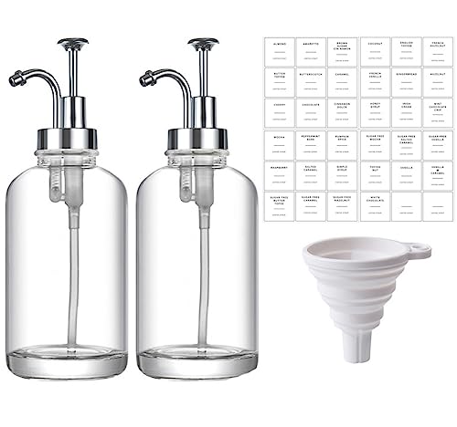 Coffee Syrup Dispenser For Bar, Pump Dispenser, Glass Bottles Bar Accessories, With 36 Labels, 16.9 Oz 500 Ml, Set Of 2 (Silver-Set 2)