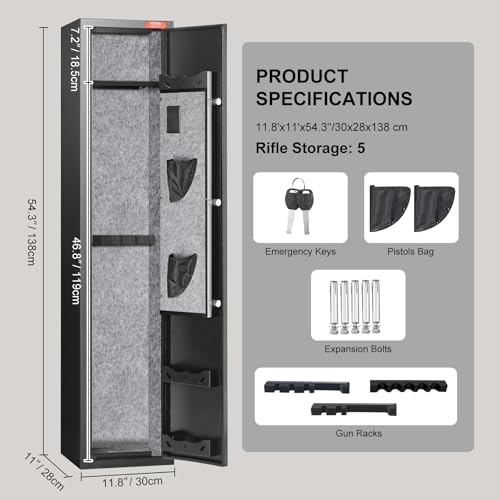 VEVOR Gewehrschrank Langwaffenschrank für 5 Gewehre, Gewehrtresor mit herausnehmbaren Regalen & 2 Pistolenbeutel, Großer Waffenschrank mit Schlüssel & Fingerabdruckschloss & Dula-Alarmsystem