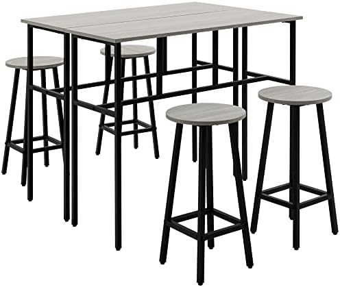 HOMCOM 6-Piece Bar Table Set, 2 Breakfast Tables with 4 Stools, Counter Height Dining Tables & Chairs for Kitchen, Living Room, Grey