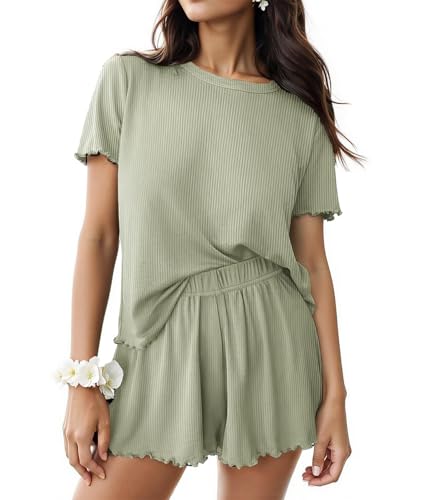 Reviews de Pijamas de una pieza para Mujer . 48 VIOPY Conjunto de Pijama para Mujer Punto Acanalado 2 Piezas Cuello Redondo Color Sólido con Manga Corta y Pantalones Cortos Suave