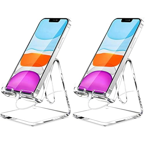 Crpich Acrylic Cell Phone Stand Portable Phone Holder Clear Phone Stand for Desk Compatible with Phone16 15 14 13 12 Pro Max 11 Xr Plus SE Switch Android Smartphone Pad Desk Accessories 2 Pack