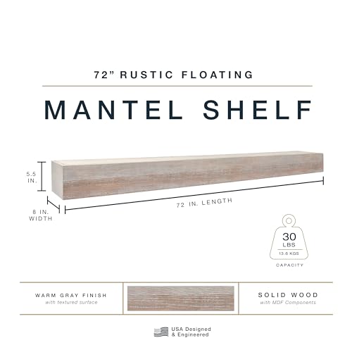 Image of MCS 60-Inch Mantel, Master & Co Warm Gray Finish Solid Wood Floating Fireplace Mantel, Long Floating Shelf for Livingroom with Wood Cleat Hanging System, Photo and Home Decor Display Shelf