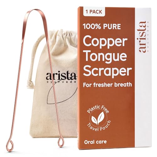 Arista Copper Tongue Scraper for Adults & Kids – 100% Pure Copper Tongue Cleaner – Extreme Bad Breath Treatment for Adults, Oral Detox & Hygiene – 1 Pack with Travel Pouch