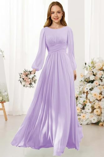 Long Sleeves Junior Bridesmaid Dress Scoop Neck Chiffon Flower Girl Dresses with Ruffles A Line Wedding Party Gown4